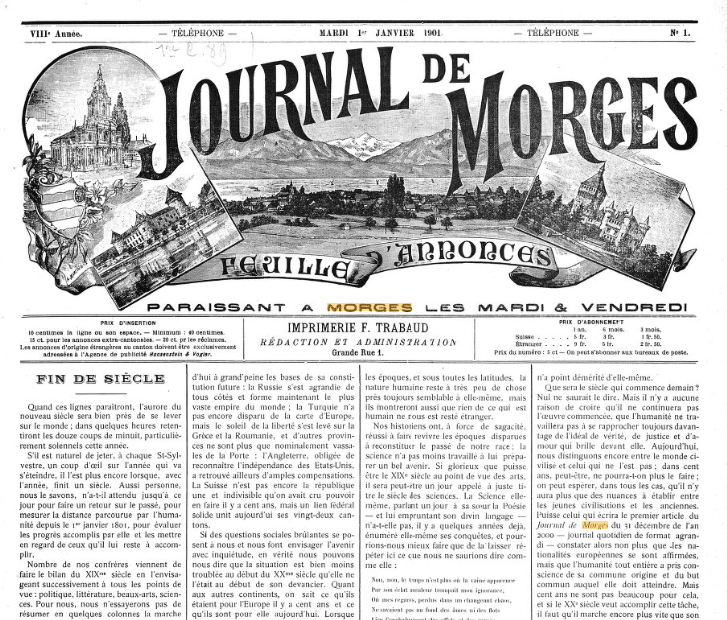 La Une du Journal de Morges du 1er janvier 1901 